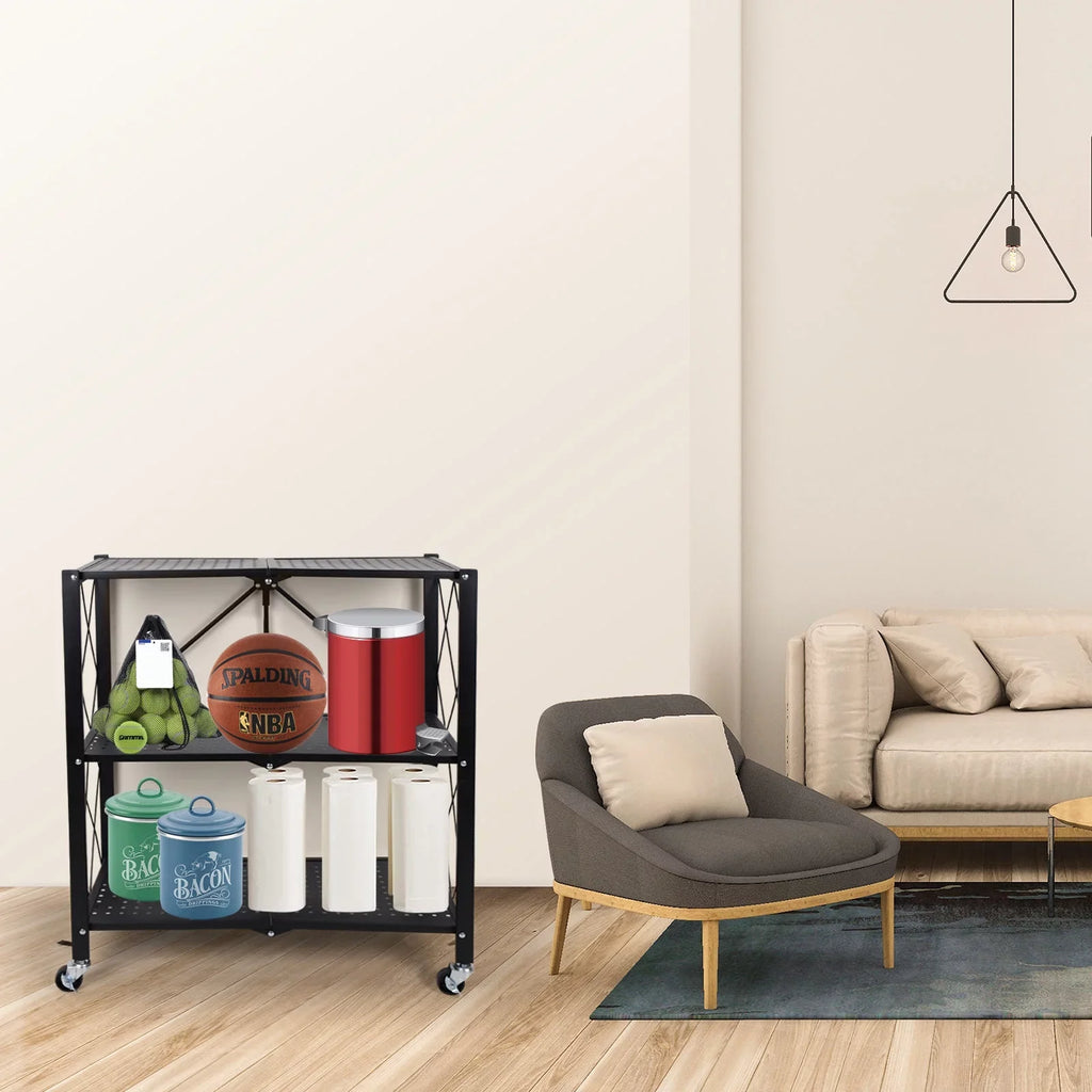 Shelving Shelving Heavy with Kitchen, Garage for Metal Foldable Organizer Easy Rack Suitable 3-Tier Duty Black Storage Unit Moving Storey