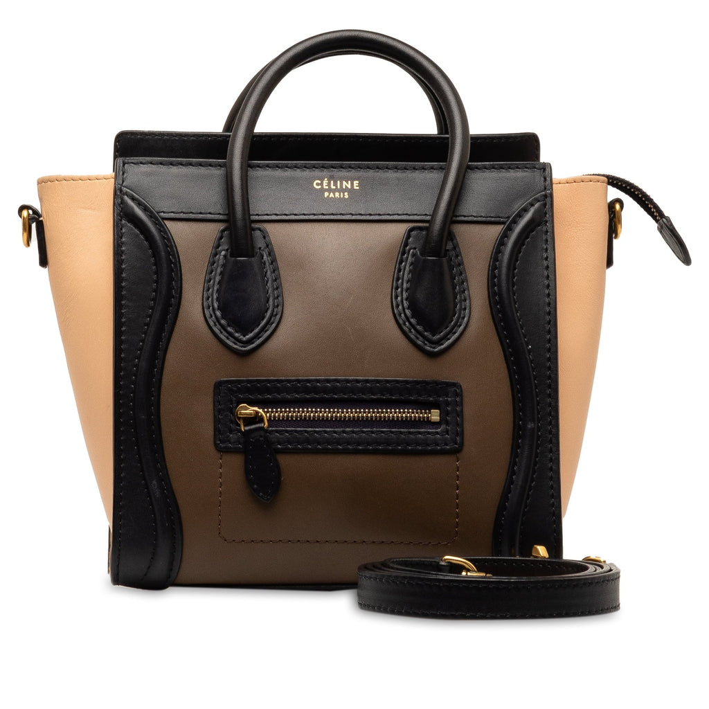 Tote (Good) Satchel Tricolor Luggage Unisex Calf Celine Authenticated Leather Brown Nano Pre-Owned