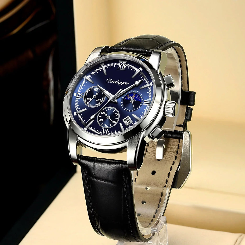 POEDAGAR Leather Fashion Watches Top Wristwatch Clock Brand Blue Mens Sport Luxury Waterproof Watch Quartz Casual Male