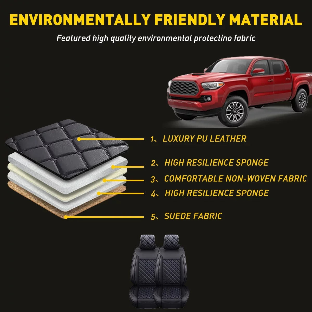 Black) Tacoma Waterproof Cab Crew Full (Full Toyota Covers With for Leather Fit Car 2007-2023 Seat Set, Set