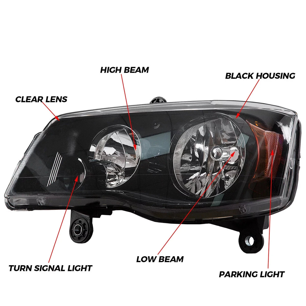 Town Headlamps (Driver Pair 2008-2016 Dodge Kojem Housing Headlights 2011-2020 & Passenger) Black Grand Caravan for Chrysler Country