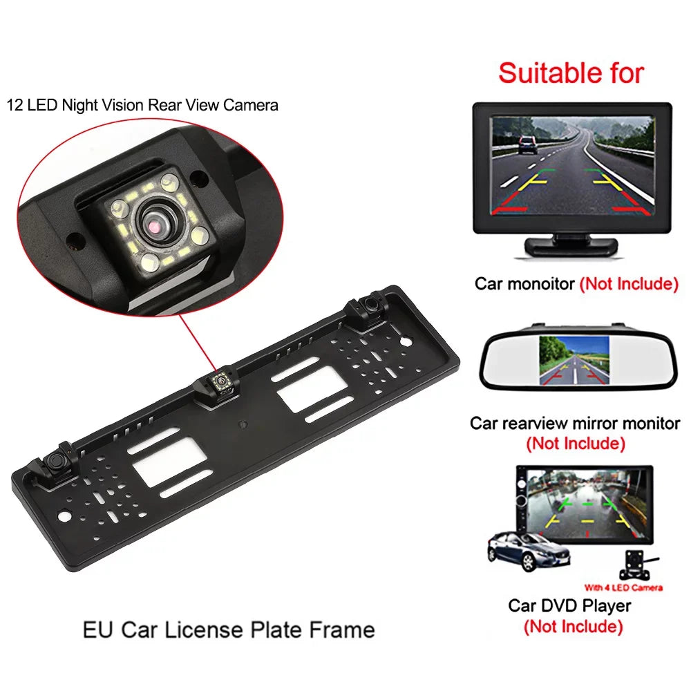 Rear Sensor 12 Plate LED European Dcenta Parking Reversing System License Camera with Frame Camera Backup View