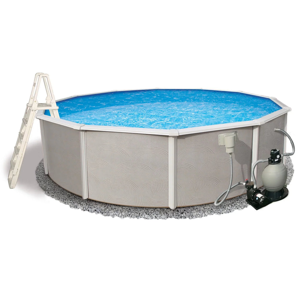 Deep Wall Round Metal Top Swimming 6-in Pool Package 27-ft Belize 52-in Rail