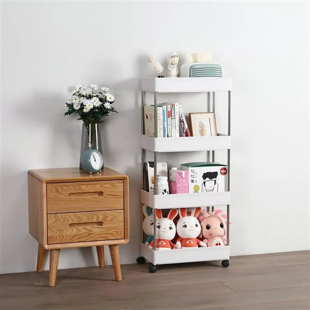 Utility Wheels, Stainless 4-Tier Kitchen, Bathroom, and with Steel, SYTHERS Cart White 4 Cart Rolling for Laundry Plastic with Room, hooks, Storage