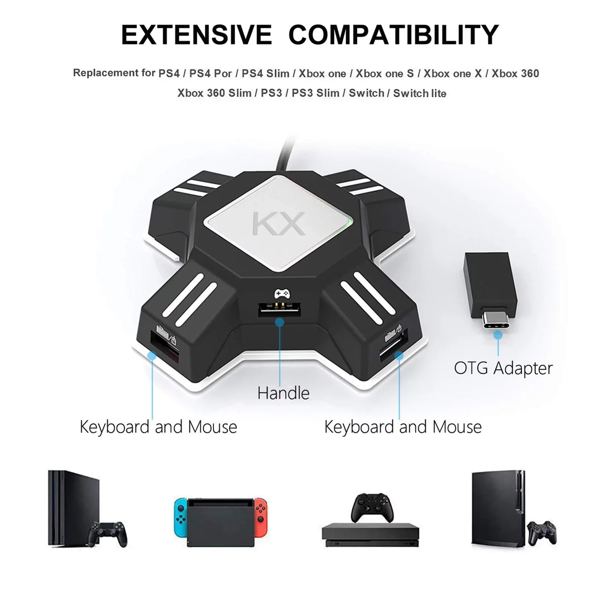 Controller Keyboard Adapter Portable Mouse Adapter KX Gamepad Switch/X-box/PS5/P-S-4/PS3 Replacement Converter Adapter Keyboard Abody Mouse for
