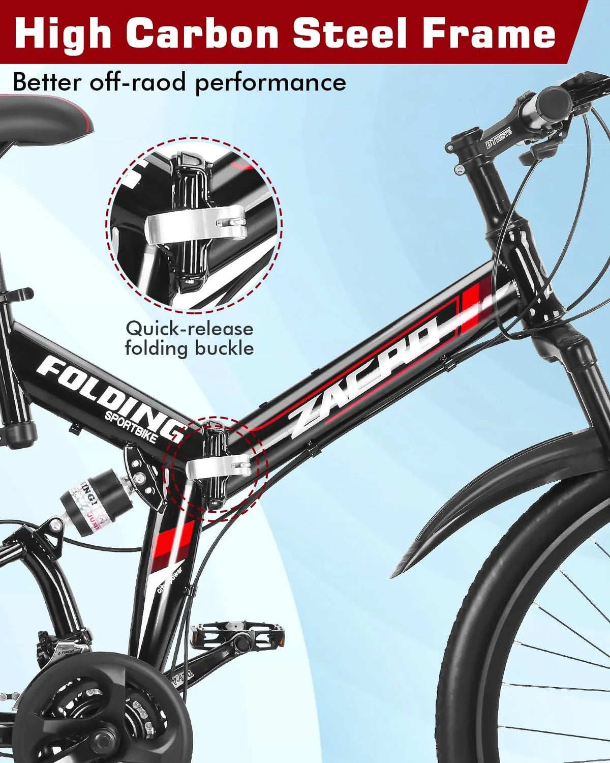 Speed/Carbon MTB Folding Steel Mountain High-Carbon Absorbers Bike, Inch Red City & Fiber Upgraded Zacro Disc Dual Brake Bikes, Shock 26 24 Road Wheels Bicycle,