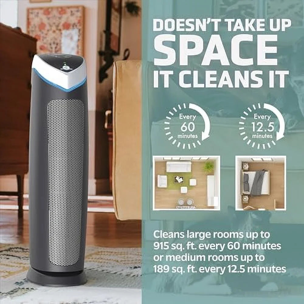 99.97% Light 915 Sq. up Pure Reduce GermGuardian Covers 1 of with Germs, Helps Black, Pet Large HEPA 13 UV-C Filter, 28", Genuine Rooms Purifier Pollutants, Air Removes ft. AC5250PT to Hour, in