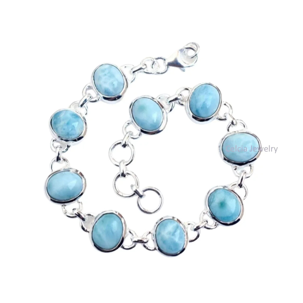 Oval Multiple Women, Solid Larimar For Sterling Handcrafted 925 Blue Bracelet For Her Genuine Him Men Silver Gemstone Unique Bracelet