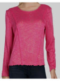 Sleeve Detail Heather YORK Womens Stretch Round B Scalloped Seam Top M Long Pink Neck NEW