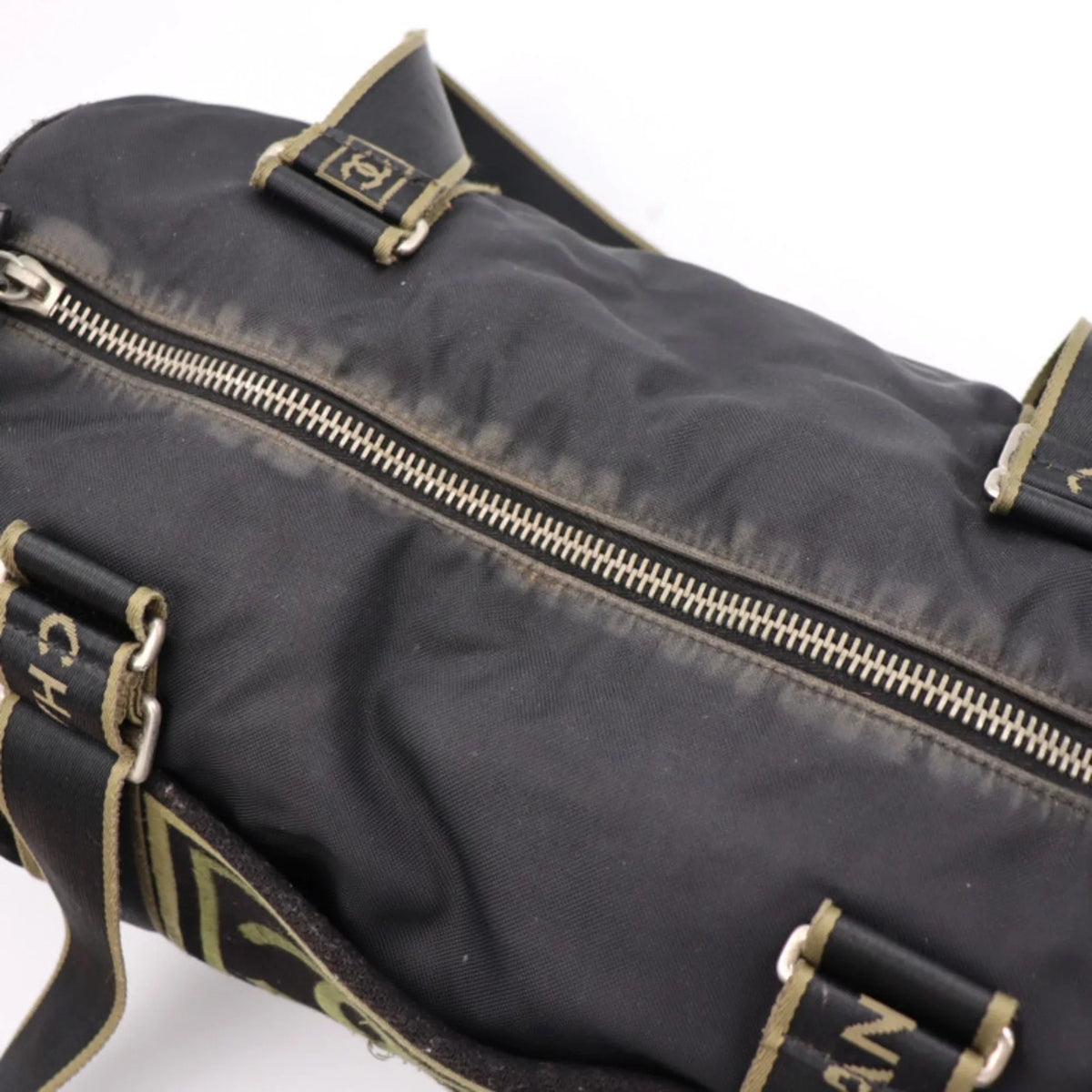 Pre-Owned Travel Green Round 10 (Fair) Sport Black Khaki Line Cylindrical Cocomark Chanel Bag CHANEL Nylon Series Shoulder Boston Canvas