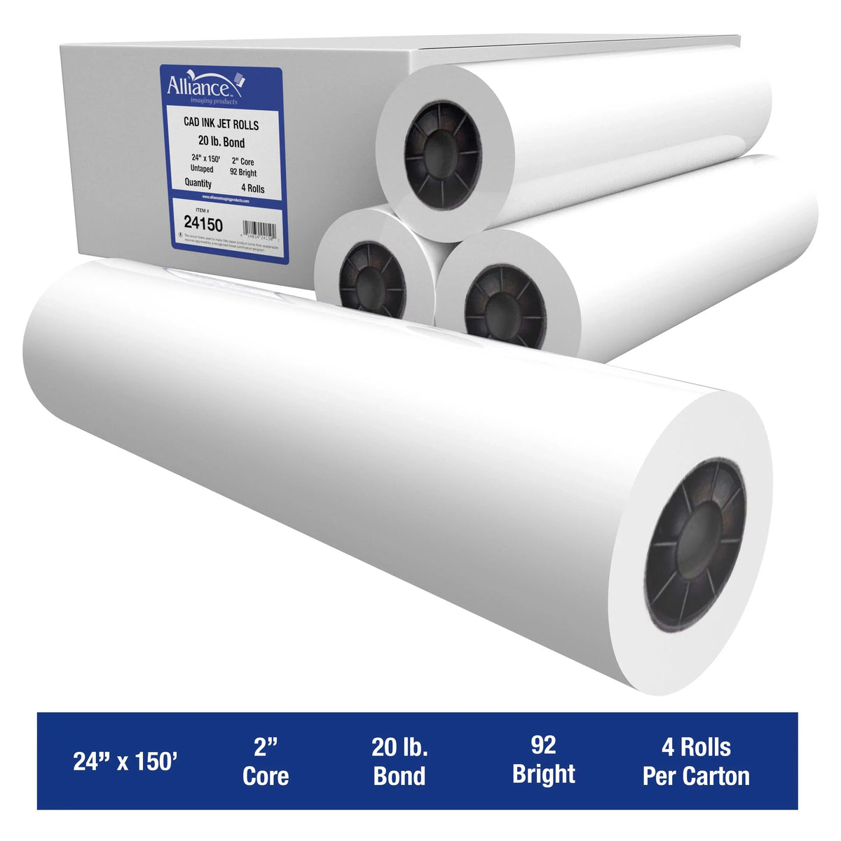 2" Core Paper 4 x Alliance Bright Wide Rolls Bond 20lb | Format | 24" CAD 150' | 92