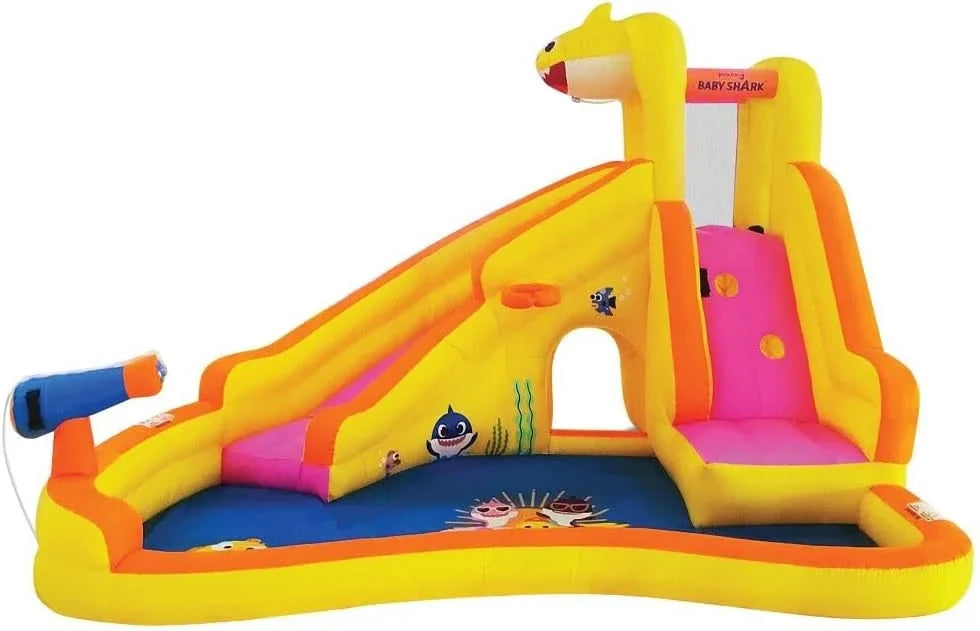 Pool Water Bounce Curve Blower & Water Kids with Outdoor Inflatable Baby Fun, House Waterslide Pink Dry, Slide, Wet Slide Backyard or Fong Water Funormous Shark Park, Sprayer, Includes Party