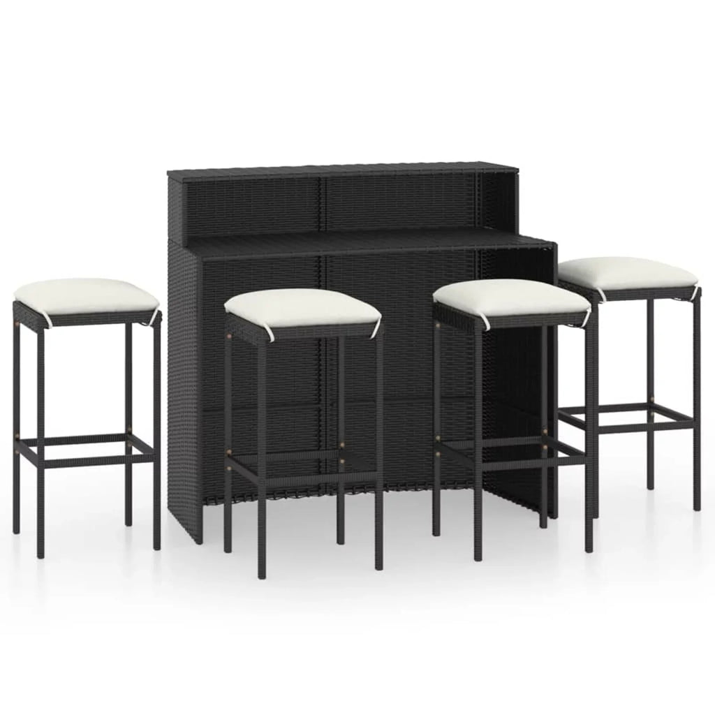 Rattan Patio Dining and Backyard, Black Table Cushioned Outdoor Terrace, Stool 4 Storage for Poly Set Pub, Garden Bar Chairs Set Shelf with Anself Bistro, Piece 5
