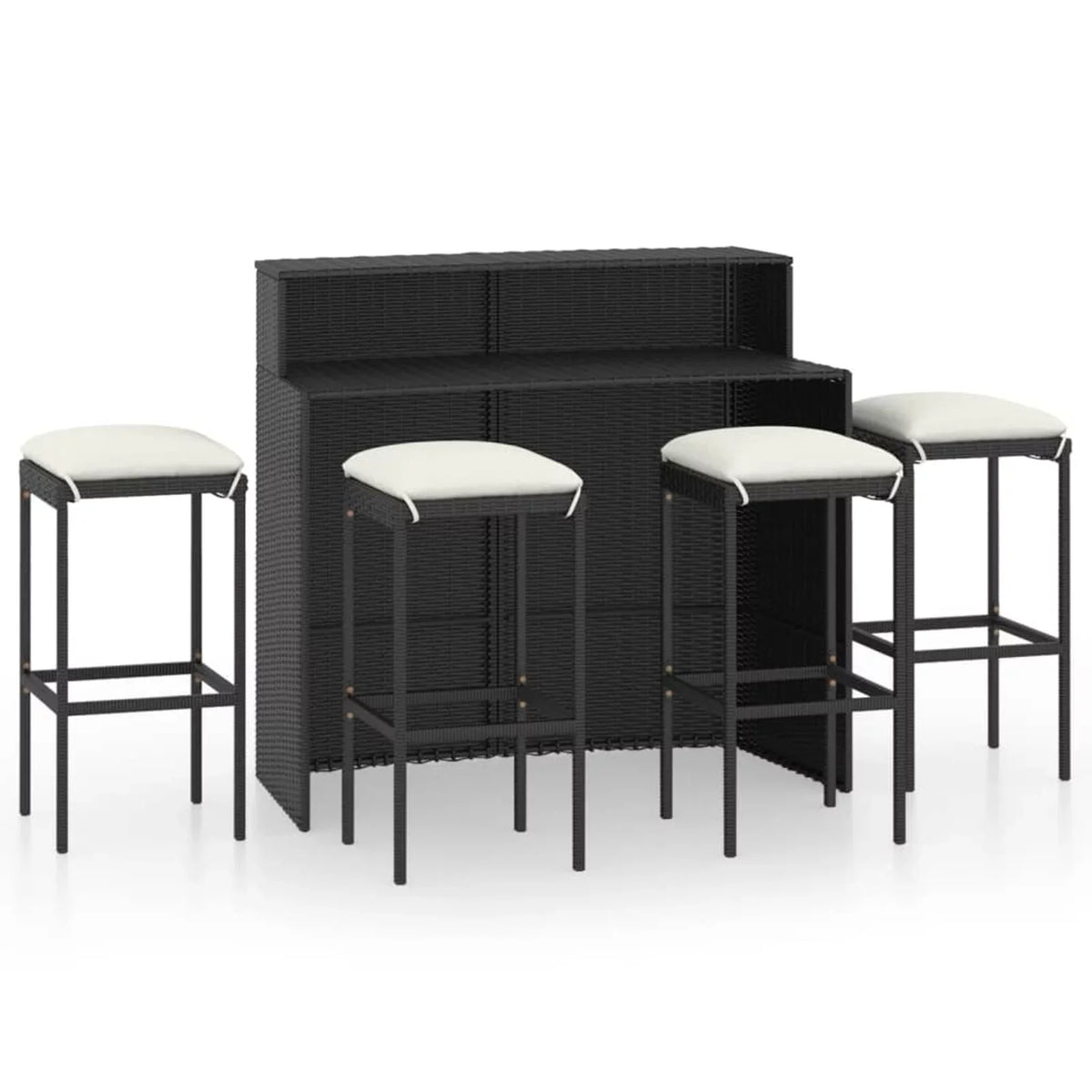 Rattan Patio Dining and Backyard, Black Table Cushioned Outdoor Terrace, Stool 4 Storage for Poly Set Pub, Garden Bar Chairs Set Shelf with Anself Bistro, Piece 5