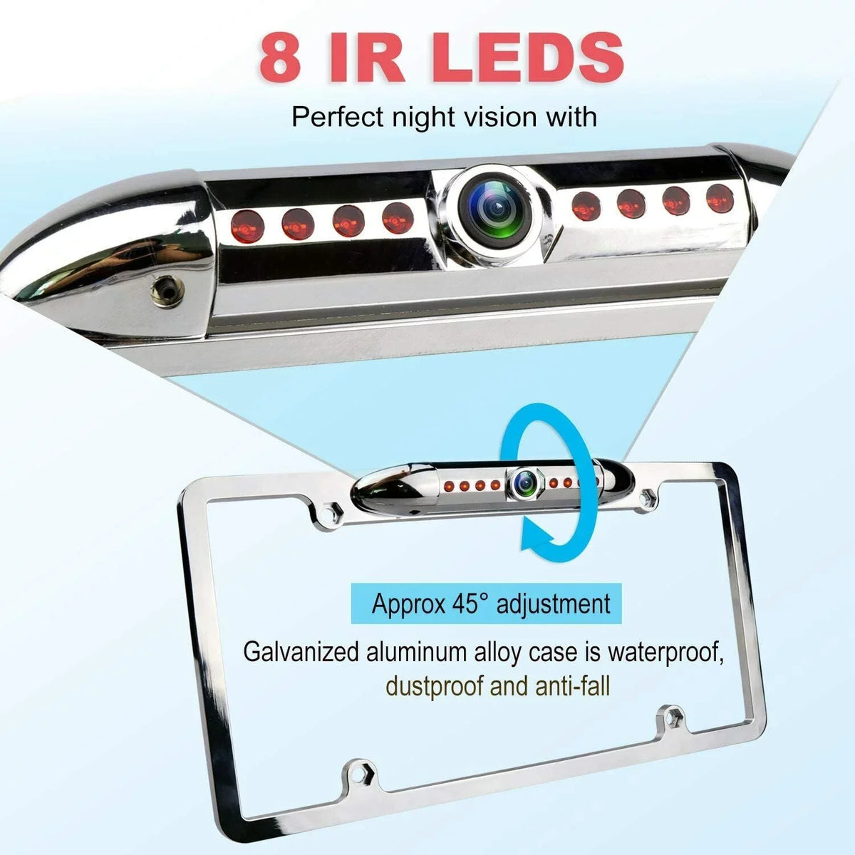 Camera with Bright Waterproof Absolute 8 Night CAM2100S Camera Plate Security Viewing LEDs Chrome Universal Angle Car Frame Vehicle View Camera Front Vision 170° Assist Front License