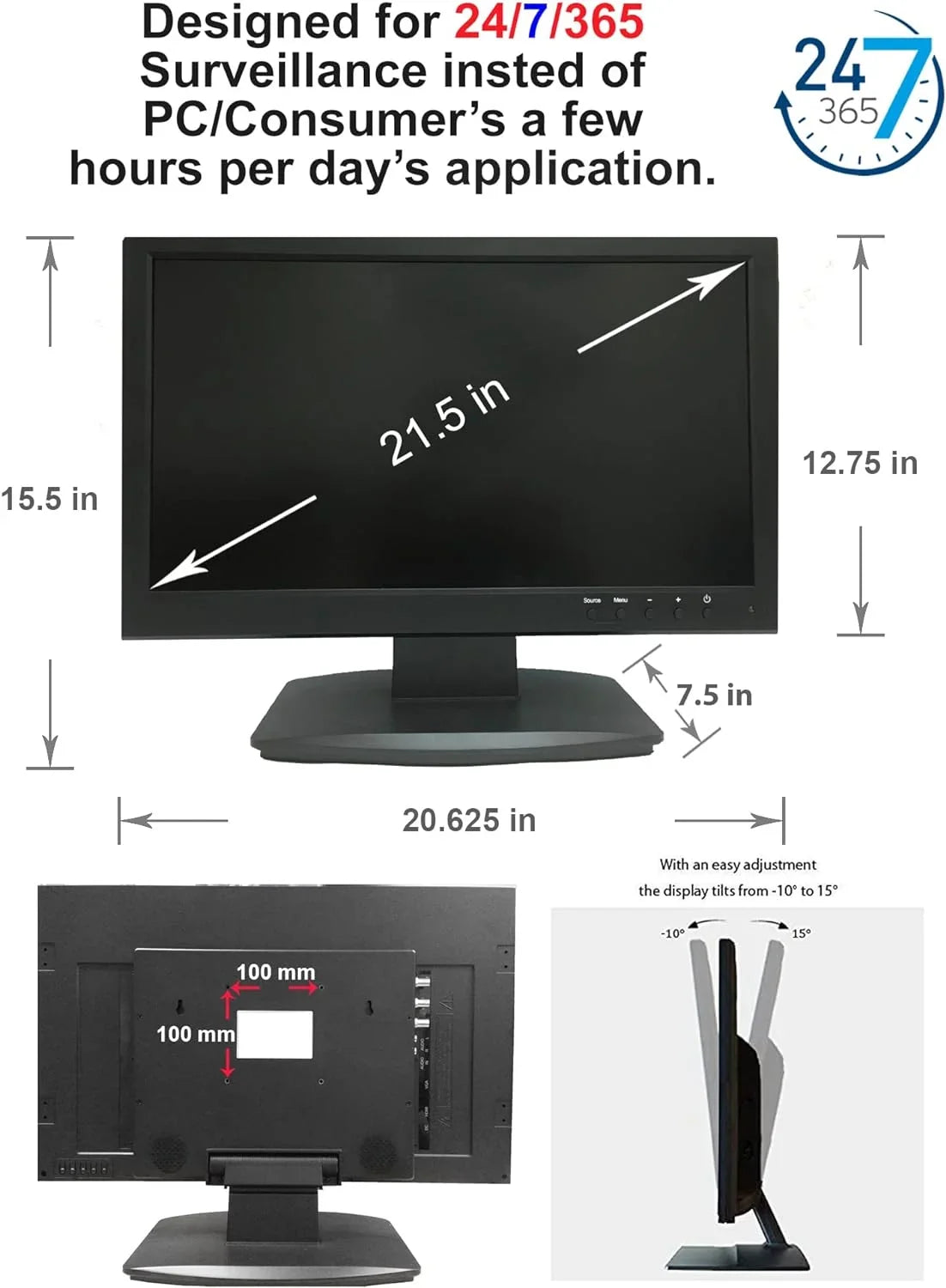 Security Office & Video 1x BNC Monitor Surveillance Analog System 16:9 Inch HD-TVI,AHD,CVI/CVB CCTV HDMI 21.5 Home 101AV DVR HD Inputs 2X LED