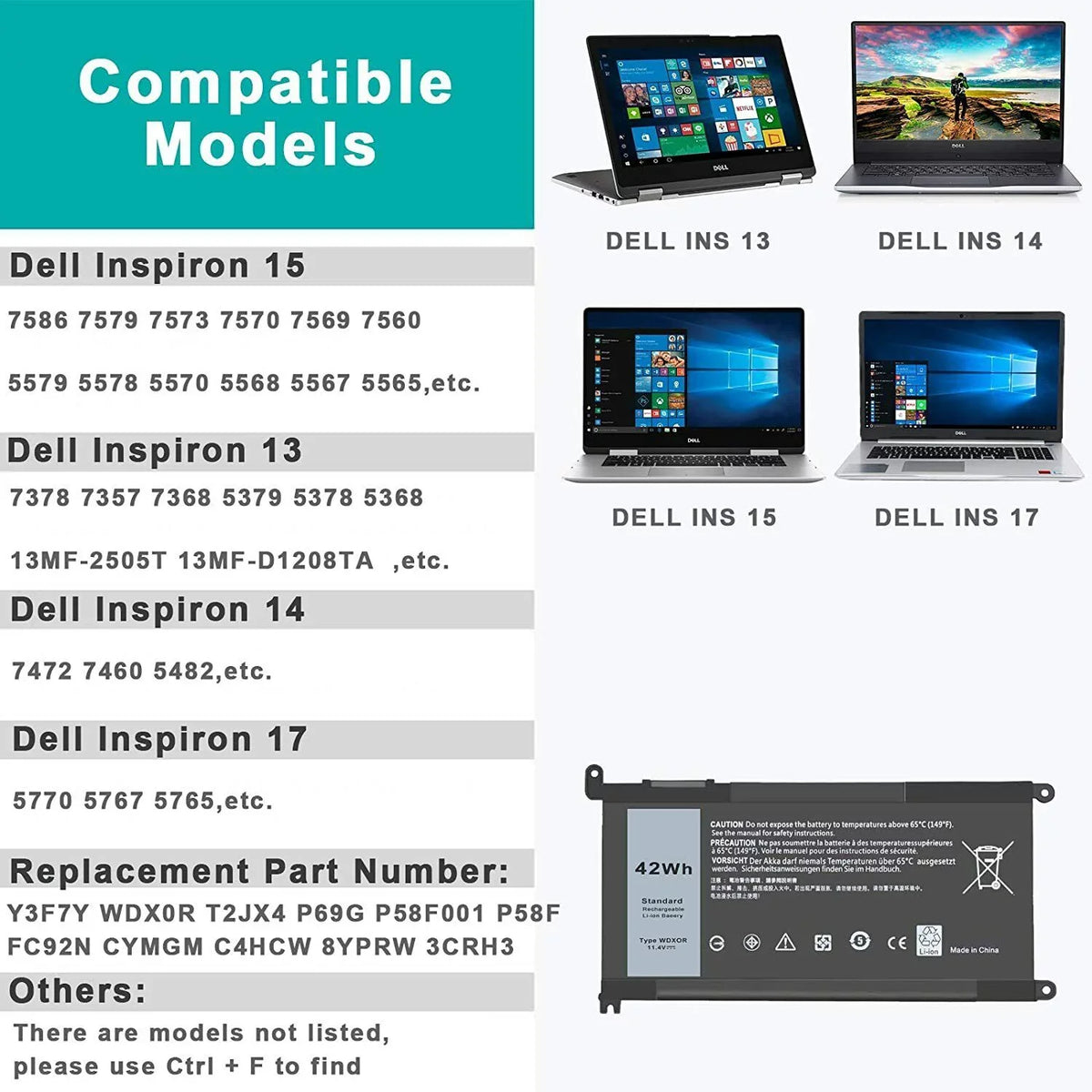 13 FC92N 5368 Inspiron 5568 WDX0R For 7569 7579 7368 10x 5567 Dell 15 Battery