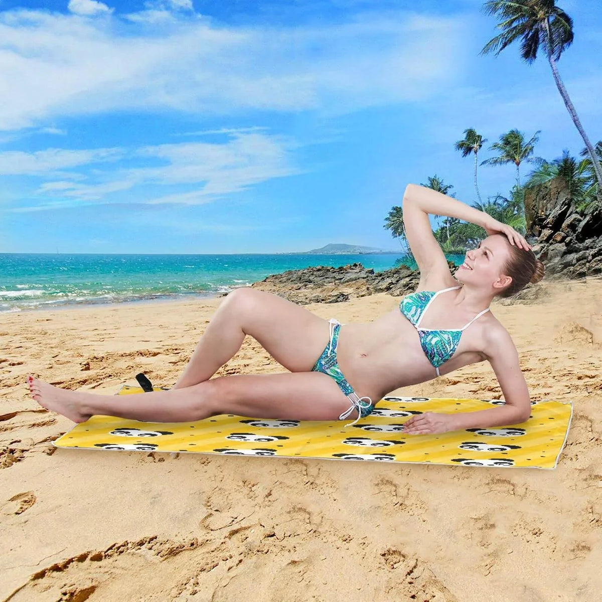 31”X71” Thin Yellow Microfiber Multipurpose Dot Panda Beach Bestwell Pool Swim Blanket, Dry Quick Sand Free Oversized Yoga Towel, Towel Lightweight Shower Bath Towel Towel Polka