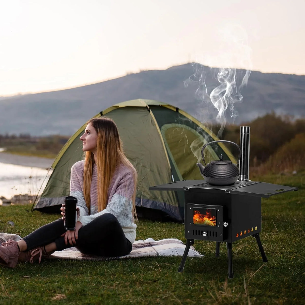 Pipes, Outdoor Cooking Stainless Outdoor Tent and with People Use(Black) Camping Wood Jack Heating Stove Burning Gloves Tent & for Chimney 1-2 Portable Wood Stove Stove, Camping