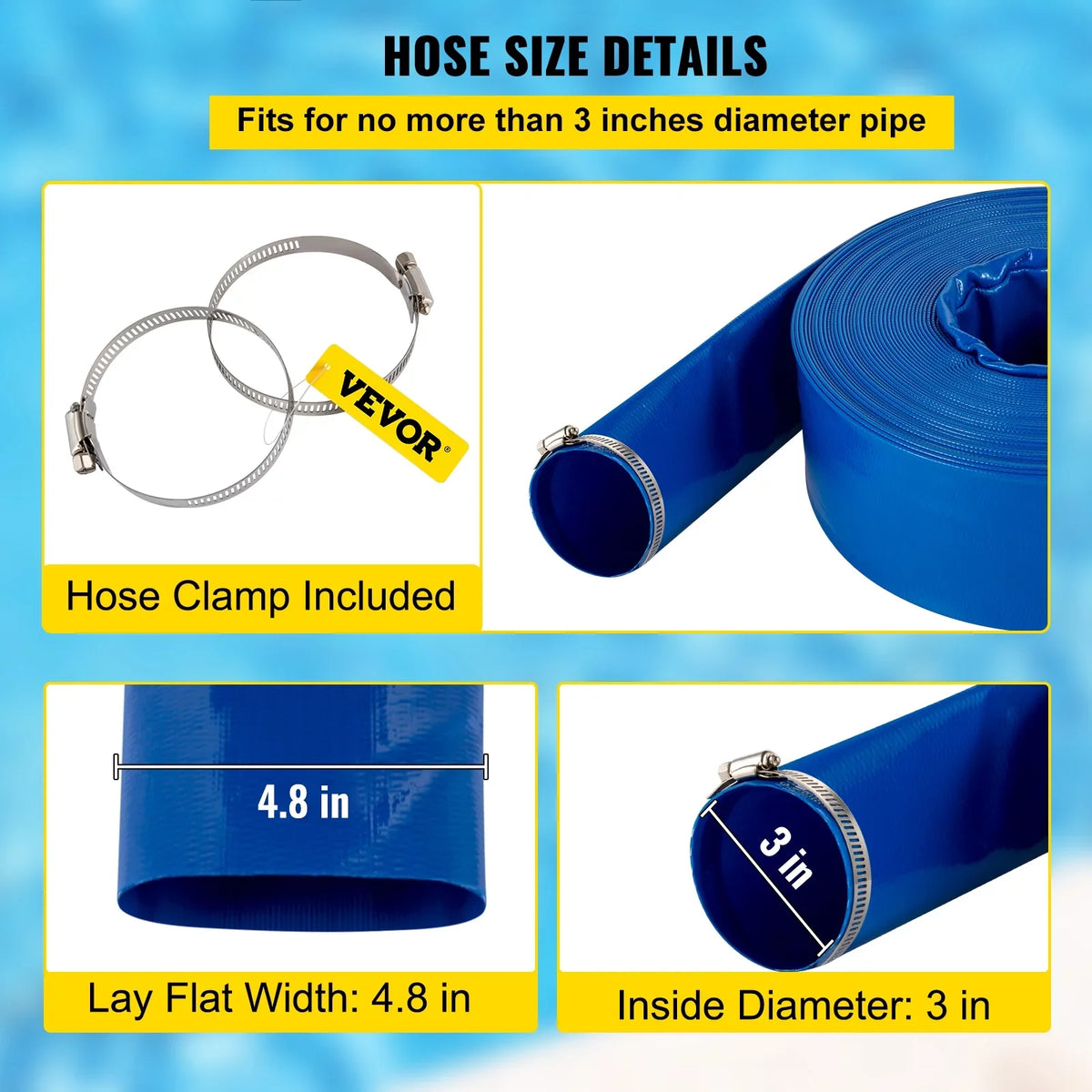Ideal Burst-proof, BENTISM & Discharge Weather-proof PVC with & Fabric Lay Drain Heavy Clamps, Hose Hose, Water Transfer for Flat Backwash Duty Swimming 3" x 105', Pool Hose,