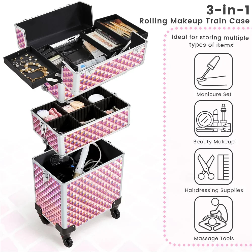 Topeakmart Train Large Trolley 3-in-1 Storage, Pink Case Cosmetic Makeup Rolling with
