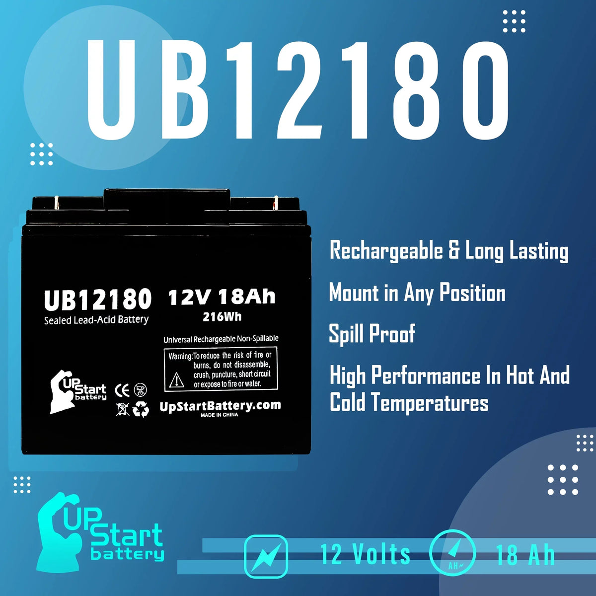 Lead T4 18Ah, 18000mAh, SLA) Sealed BATTERIES UB12180 Universal Terminal, (12V, Battery Compatible Acid Replacement CFMP12V18 PICHER Battery AGM, EAGLE -