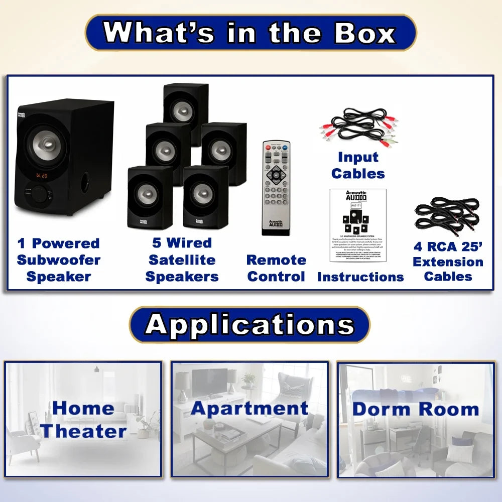 5.1 Theater Speaker with 4 Bluetooth and AA5171 Cables System FM Acoustic Extension Audio Home