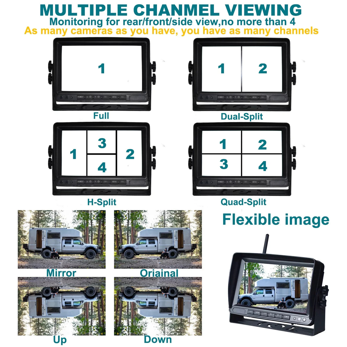 for 1080P Truck 7" Wireless AHD Camera Display Kit Rear Backup 3CH Trailer View
