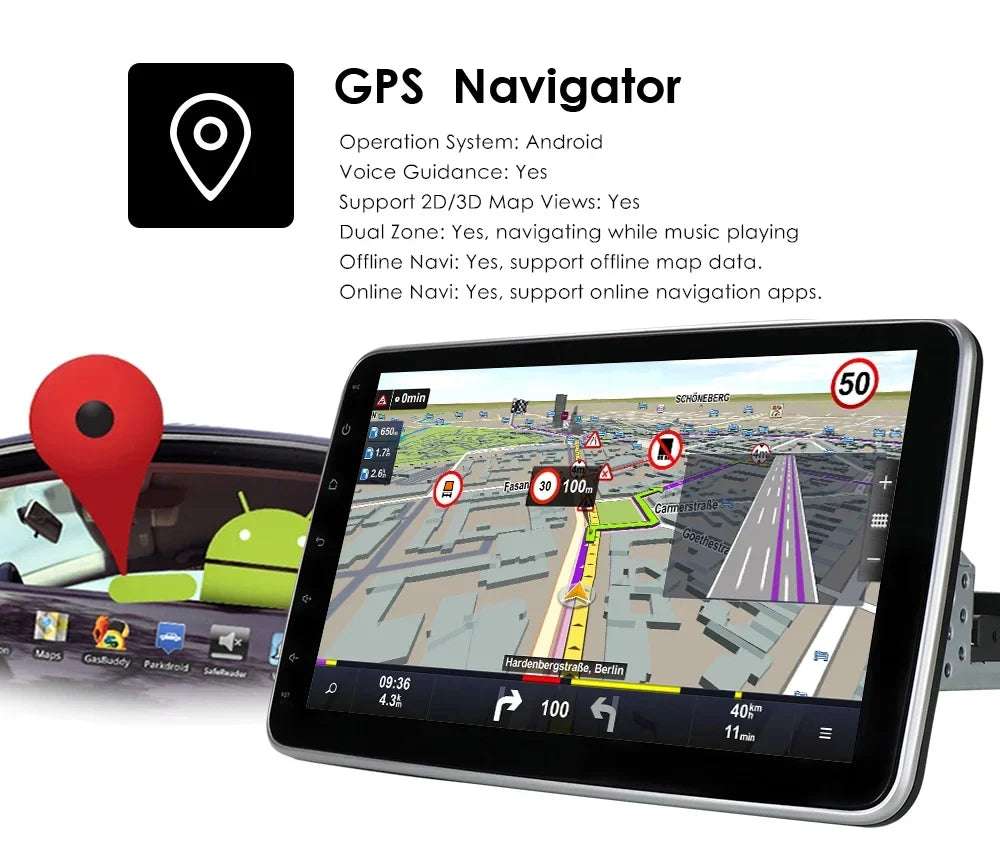 Wifi Car Android Stereo Screen Hizpo Apple Carplay& Radio 10.1'' Navigation With Auto Touch 10 GPS DIN Single 1 Bluetooth Android Rotatable