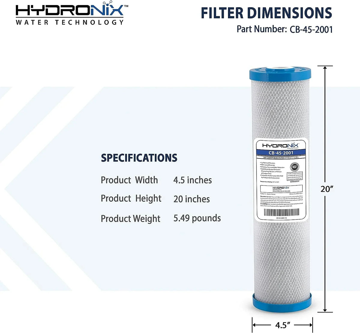 Hydronix Replacement 20-inch 4.5-inch Water x Filter CB-45-2001 Carbon 1 Micron