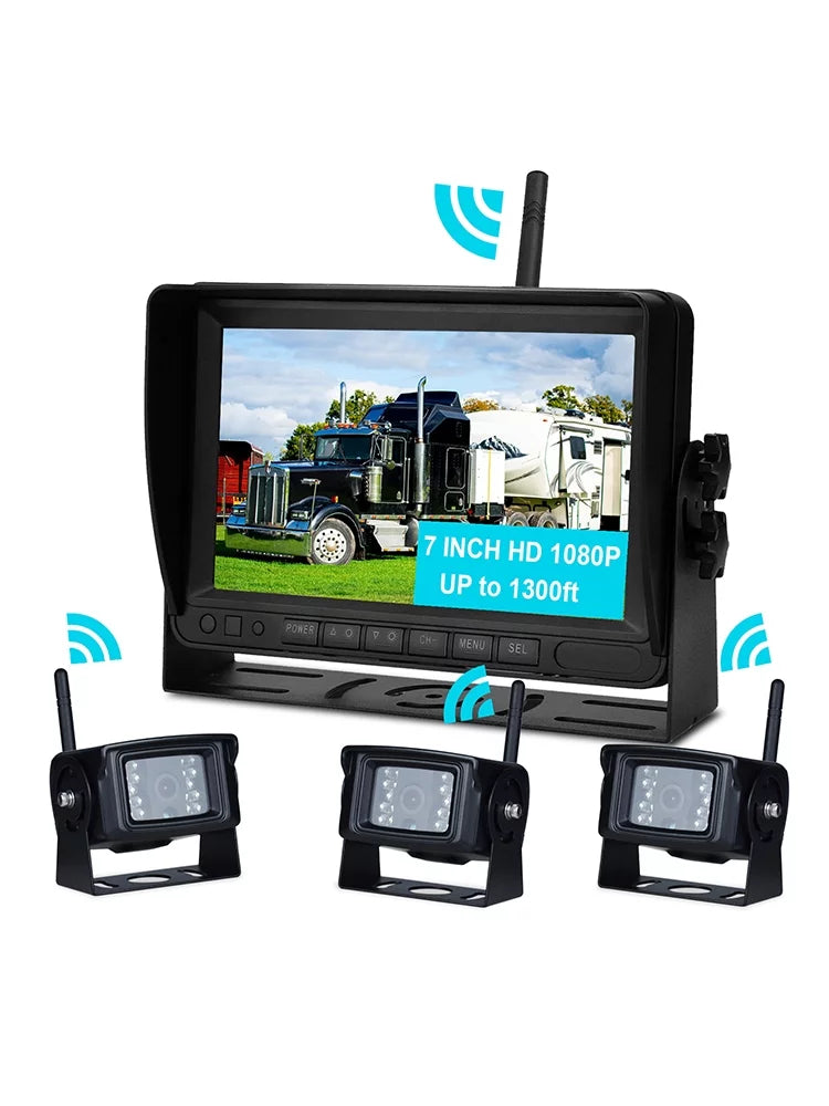 for 1080P Truck 7" Wireless AHD Camera Display Kit Rear Backup 3CH Trailer View