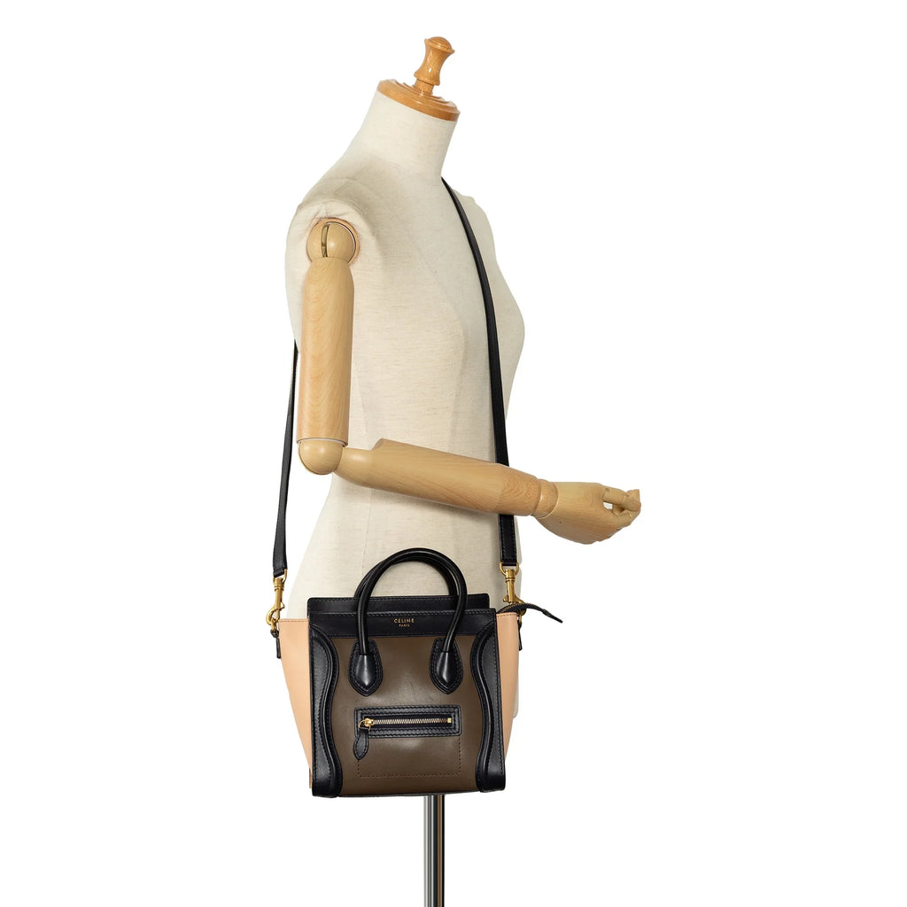 Tote (Good) Satchel Tricolor Luggage Unisex Calf Celine Authenticated Leather Brown Nano Pre-Owned
