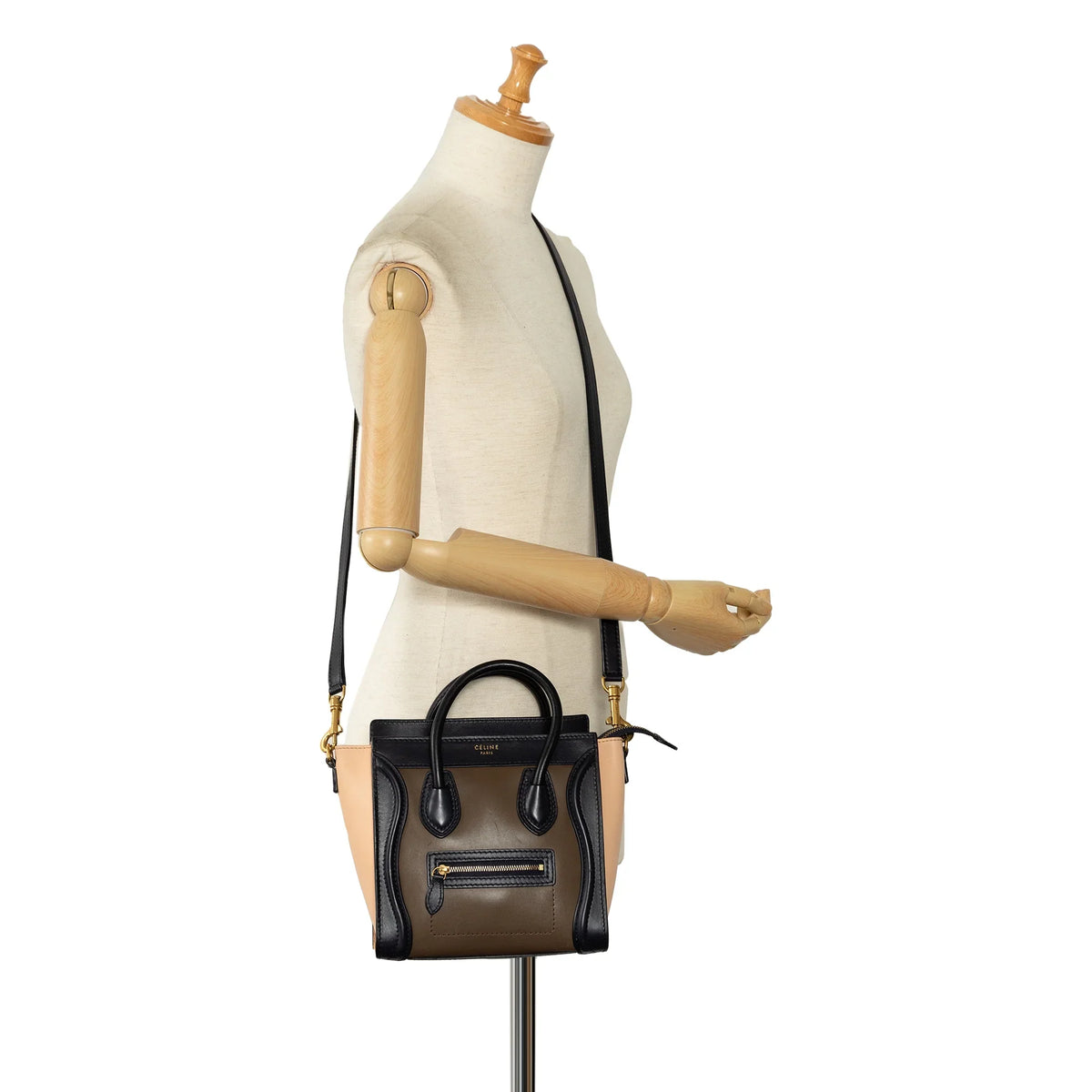 Tote (Good) Satchel Tricolor Luggage Unisex Calf Celine Authenticated Leather Brown Nano Pre-Owned