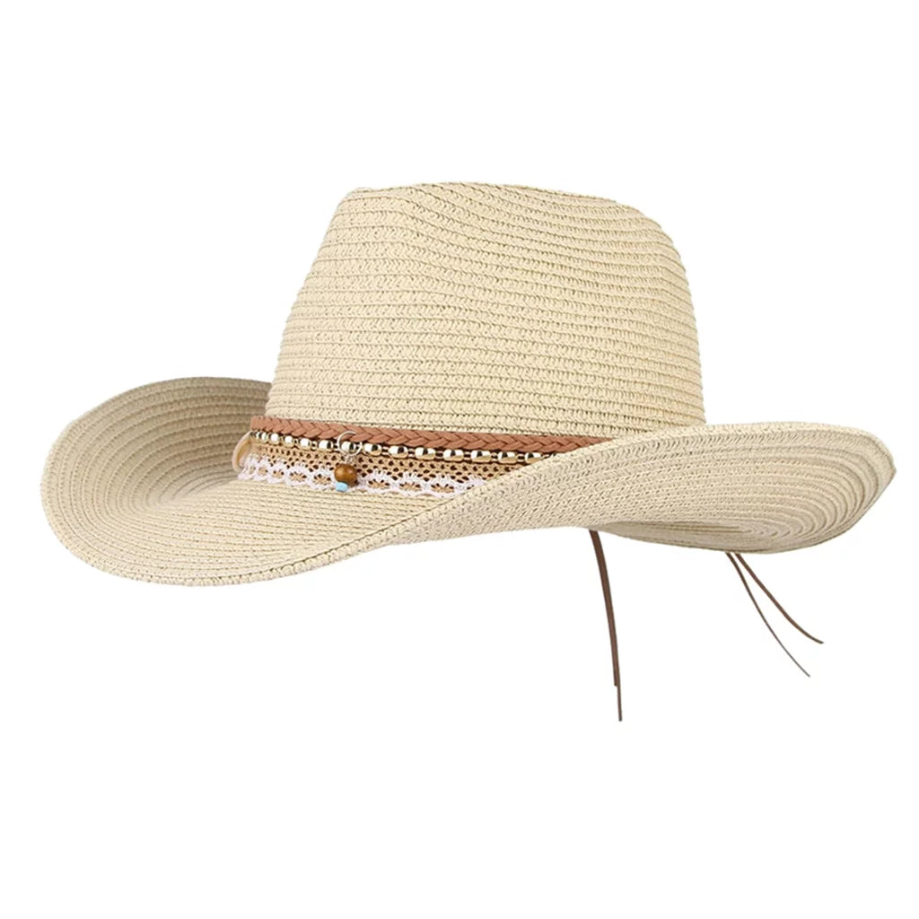 Sun Hat Western Cowboy Packable Women Brim Trilby Straw Beige Style Floppy Big