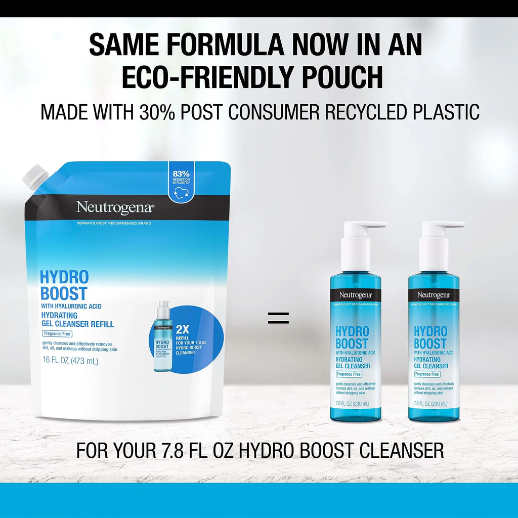 Face Cleanser Hydrating Remover, Wash, Hydro Face Non-Comedogenic, Pouch, Daily Foaming Gentle Hyaluronic Neutrogena & Wash Refill Makeup Boost Gel Fl. Facial With Oz Acid, Free Fragrance 16
