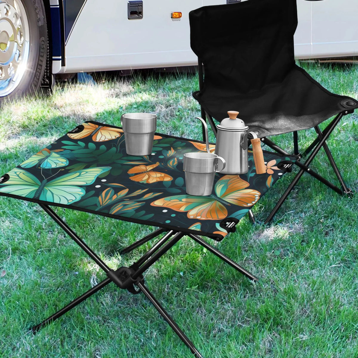Table Bag Beach with Outdoor Folding Picnic Table Camping Travel Floral Butterfly for Compact Fishing Storage BBQ Table Leave Portable
