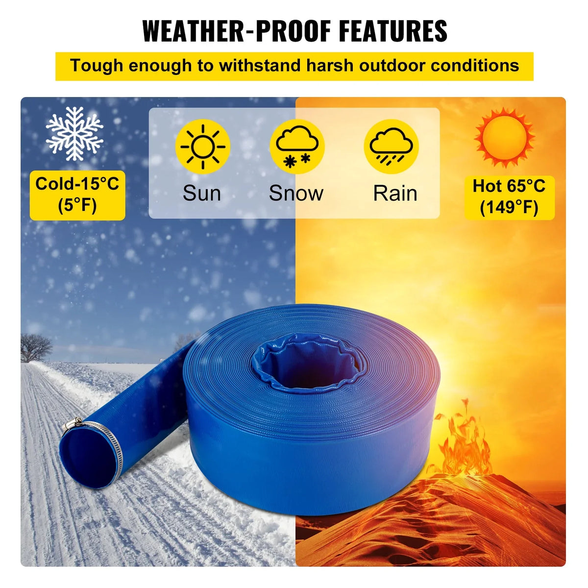 Ideal Burst-proof, BENTISM & Discharge Weather-proof PVC with & Fabric Lay Drain Heavy Clamps, Hose Hose, Water Transfer for Flat Backwash Duty Swimming 3" x 105', Pool Hose,