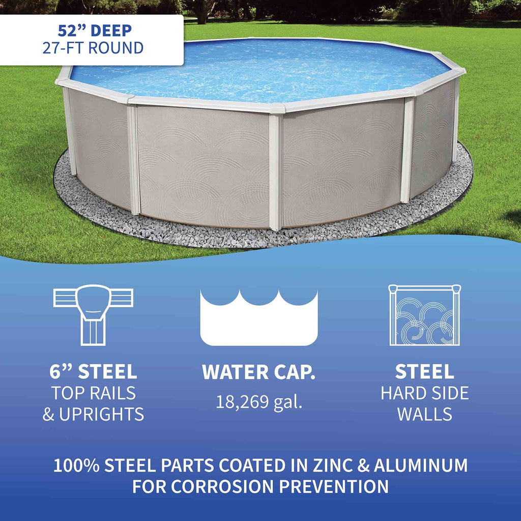 Deep Wall Round Metal Top Swimming 6-in Pool Package 27-ft Belize 52-in Rail