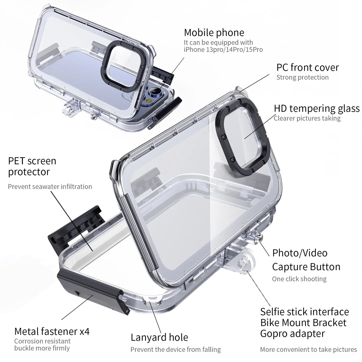 14/14 Waterproof Housing,40m/130ft for 15 Case Shockproof Waterproof Valve Diving Underwater Diving iPhone 12/12 Upgrade One-Way Pro / / Dustproof Pro / 13/13 Case Pro IP68 Pro