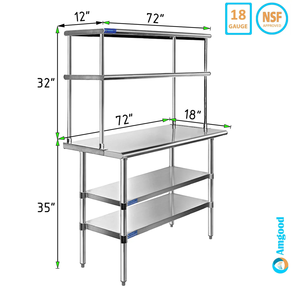Prep x Kitchen Two Stainless | Overshelf 72" Work Wide Tier Table Table Double 18" | Shelving Combo Shelves & With Metal Steel 12"