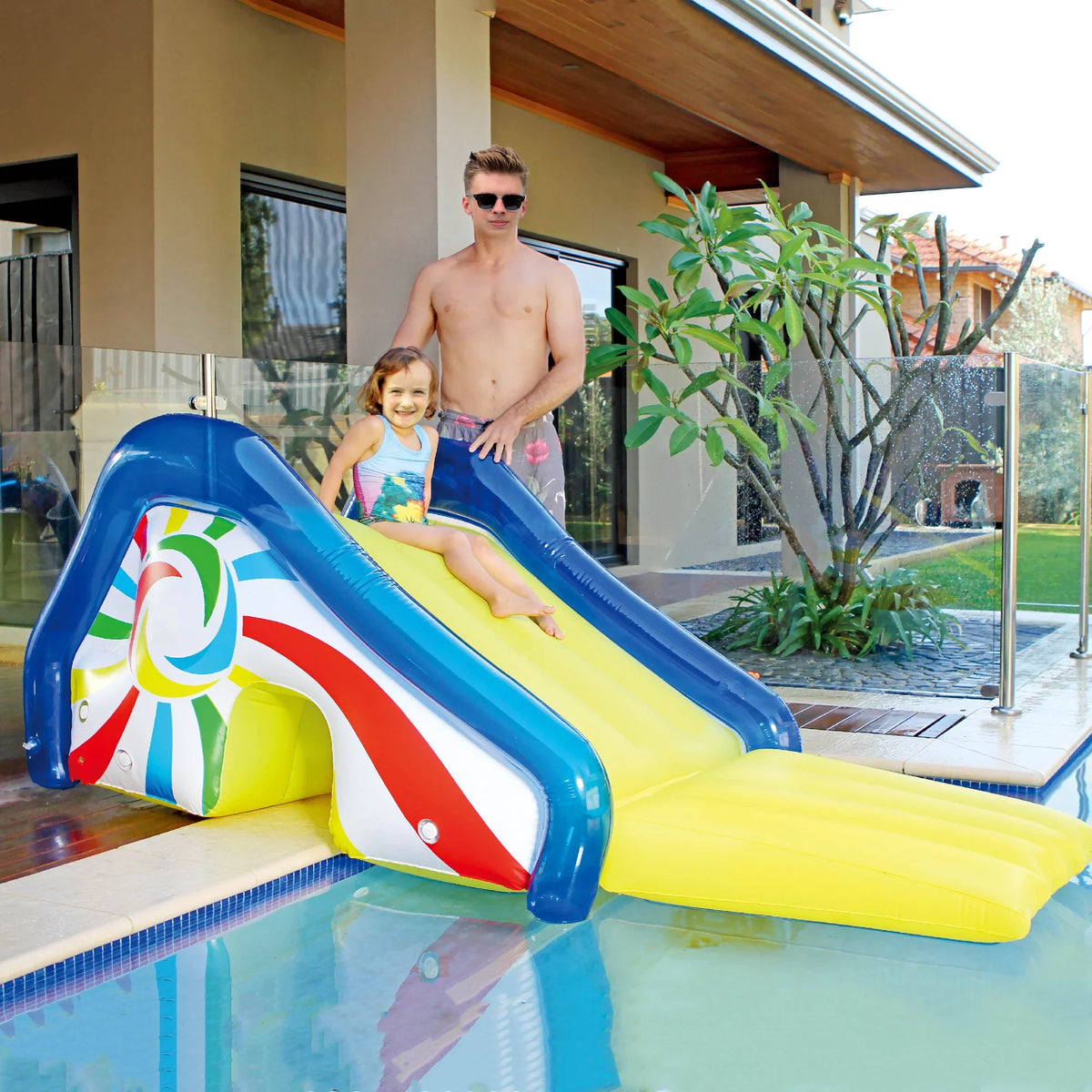 Northlight Yellow Blue Side Pool and Attached Slide an 98-Inches Sprayer, With