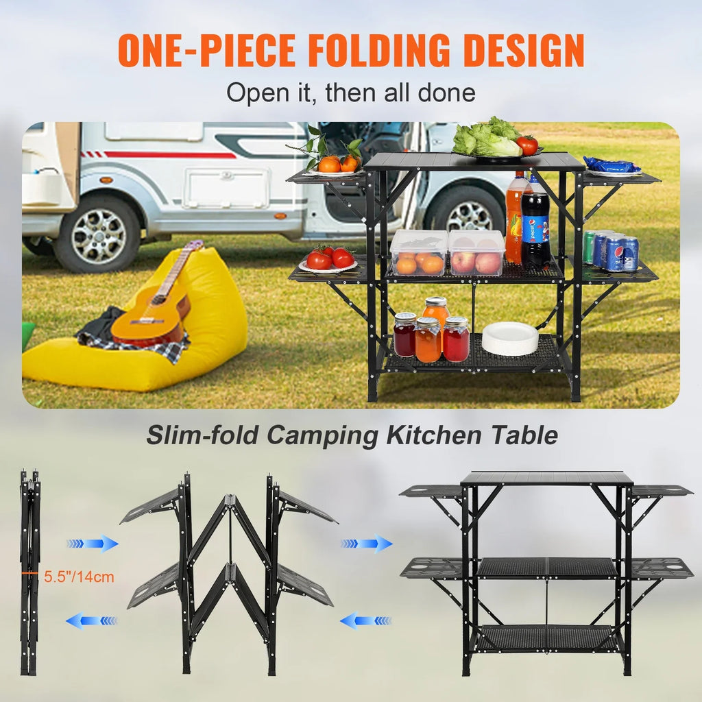 Kitchen Table Tables Folding SKYSHALO 5 Camping Portable 2 Cook Station & Shelves