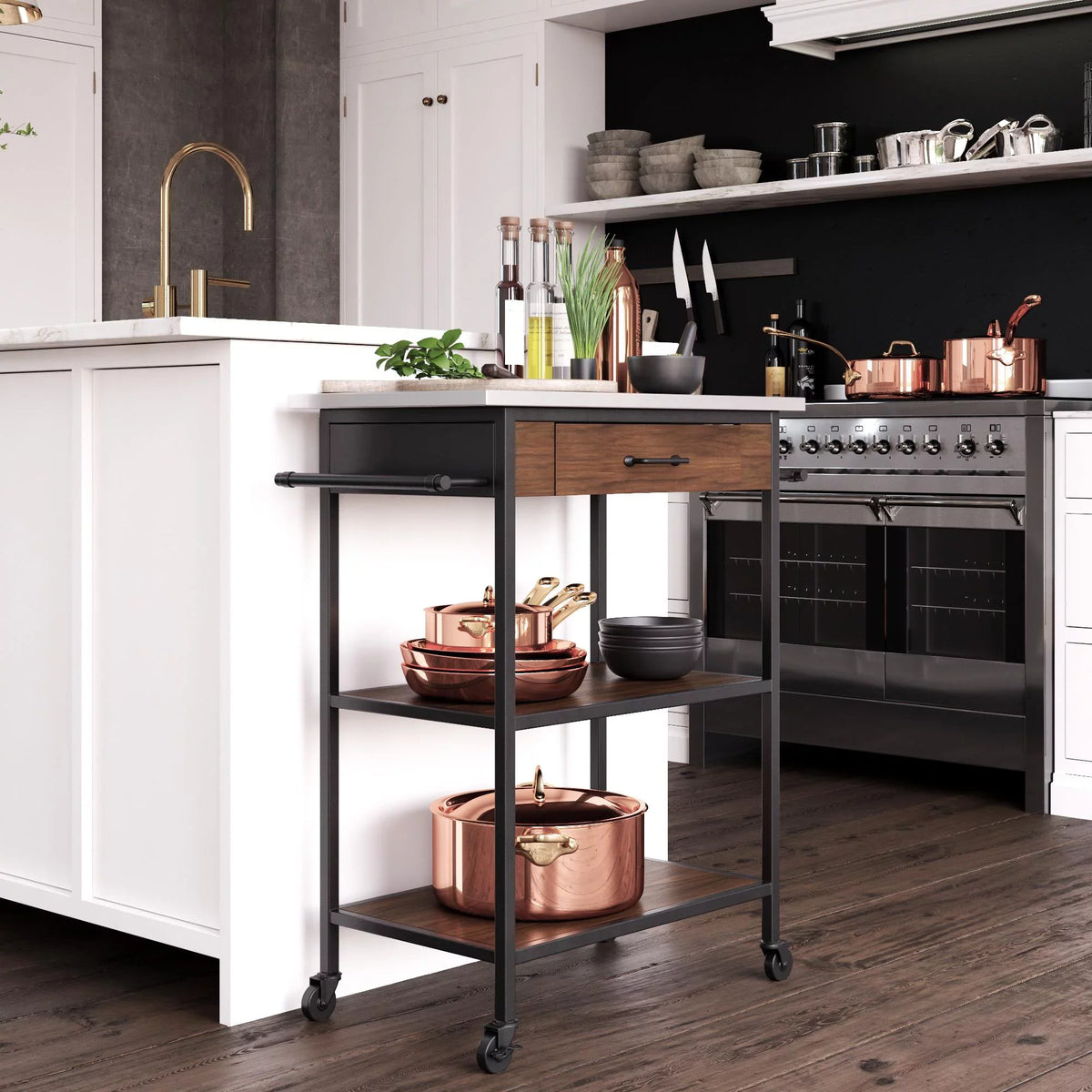 Brown Metal Counter Kitchen Black Storage, Stainless Pantry Cart, Top, Frame, DHP Steel Kane