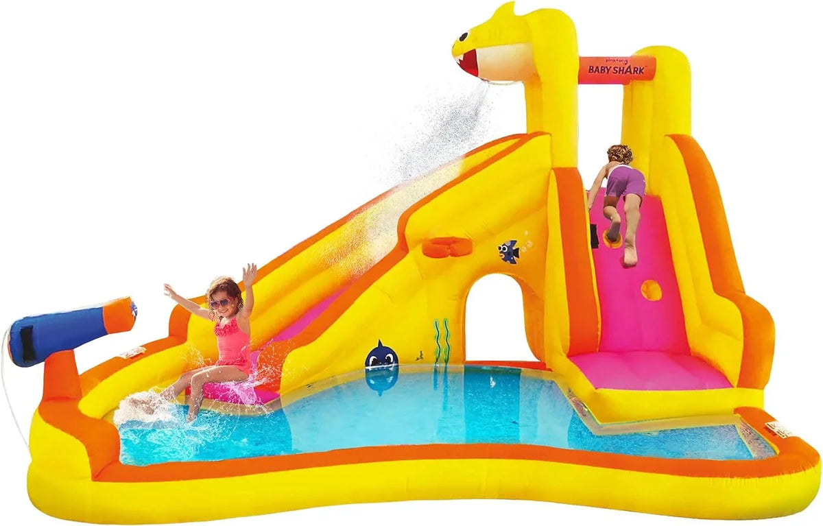 Pool Water Bounce Curve Blower & Water Kids with Outdoor Inflatable Baby Fun, House Waterslide Pink Dry, Slide, Wet Slide Backyard or Fong Water Funormous Shark Park, Sprayer, Includes Party