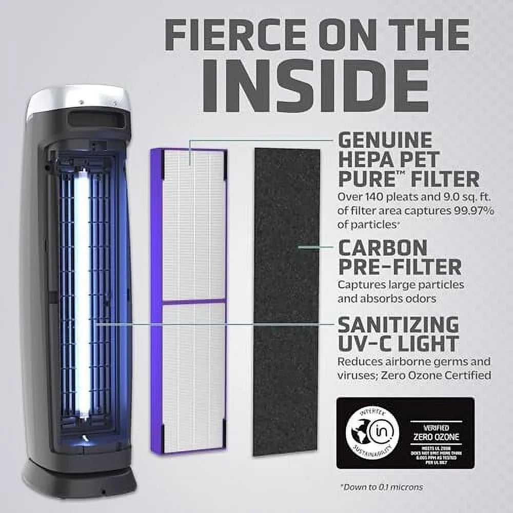 99.97% Light 915 Sq. up Pure Reduce GermGuardian Covers 1 of with Germs, Helps Black, Pet Large HEPA 13 UV-C Filter, 28", Genuine Rooms Purifier Pollutants, Air Removes ft. AC5250PT to Hour, in