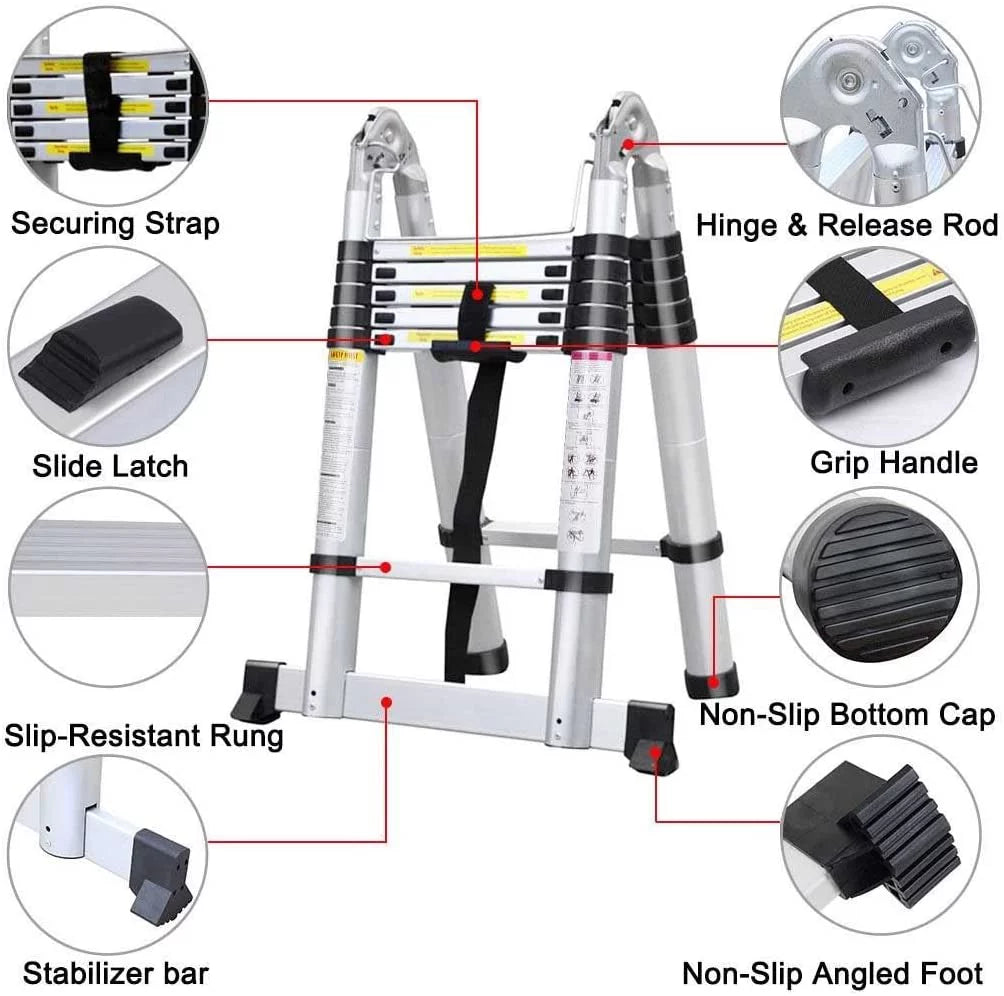 Folding Extension Ladder Multi-Purpose Aluminum 12.5FT/3.8M Ladder Dayplus Telescoping Portable A-Frame