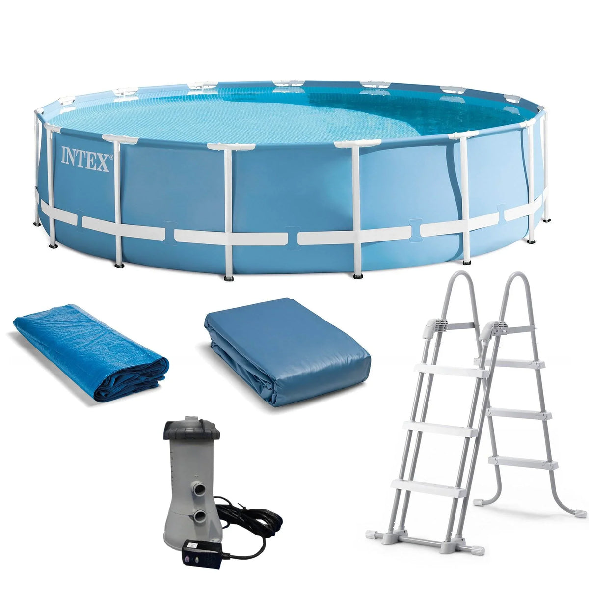 15 x Pump with Intex 48 Feet Ladder, Frame Prism & Pool Inches (Used) Cover, Set