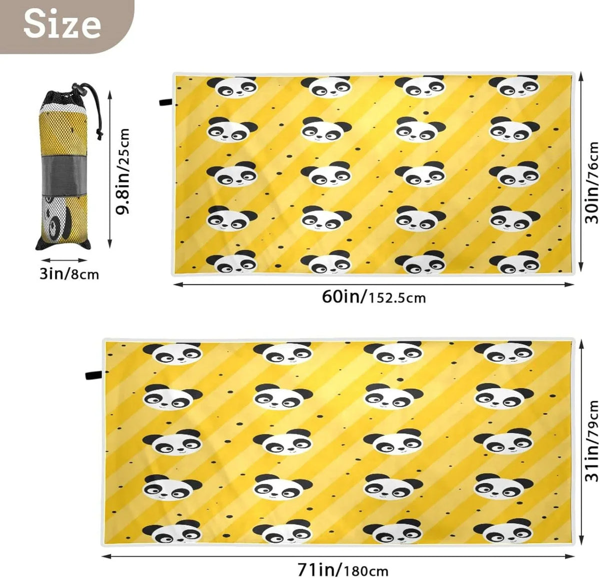 31”X71” Thin Yellow Microfiber Multipurpose Dot Panda Beach Bestwell Pool Swim Blanket, Dry Quick Sand Free Oversized Yoga Towel, Towel Lightweight Shower Bath Towel Towel Polka