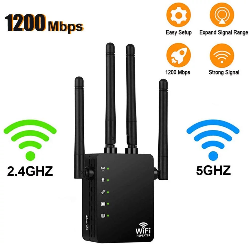 Booster, with Extender Gigabit WiFi 1200Mbps WiFi Band WiFi to Signal & Dual Smart Alexa "Happyline" & Extend WiFi 2.4 Range Devices 5GHz Repeater Home Extender Port, Ethernet Wireless Signal
