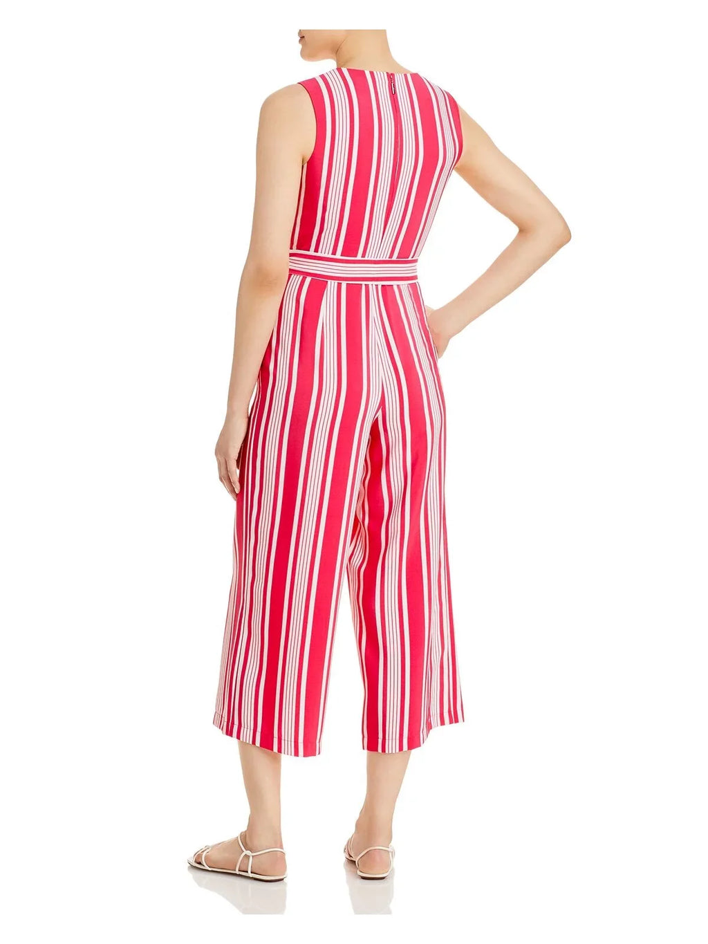 Surplice Womens Self Neckline Wide Jumpsuit Wear Striped 0 Pocketed Leg Sleeveless KARL Zippered Pink Work Tie Sash LAGERFELD To